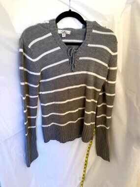 LEI Gray White Striped Hooded Knit Sweater Womens Large